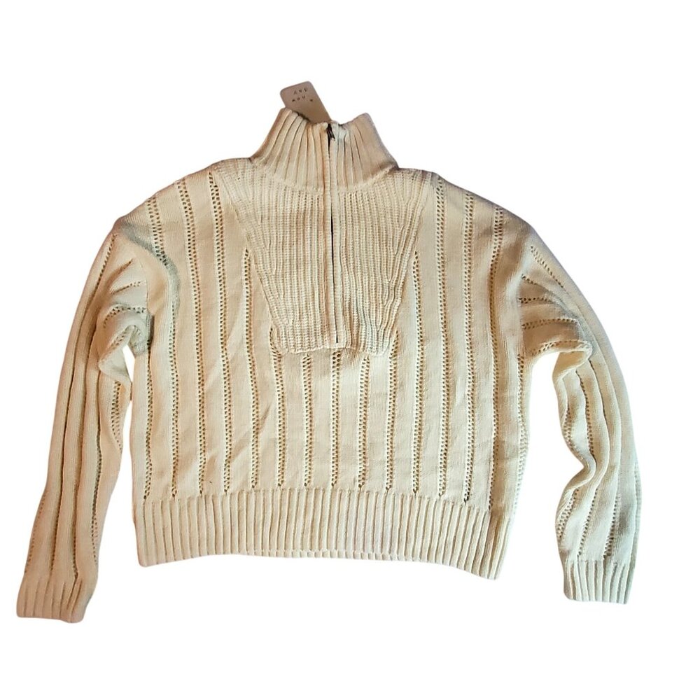 A New Day Cream Ribbed Half-Zip Sweater Size S Ribbed knit texture adds detail
